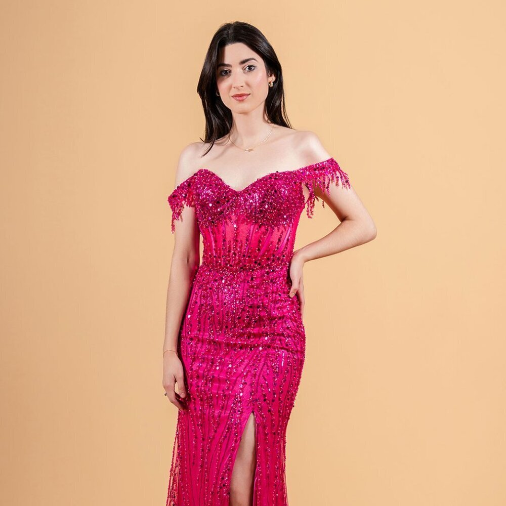 New Elegant Off Shoulder Tulle Dress w/ Beads Embroidery & Sheer Bodice GL3620